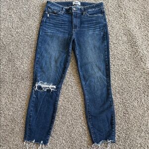 PAIGE Mid-Rise Distressed Skinny Jeans in Dark Blue